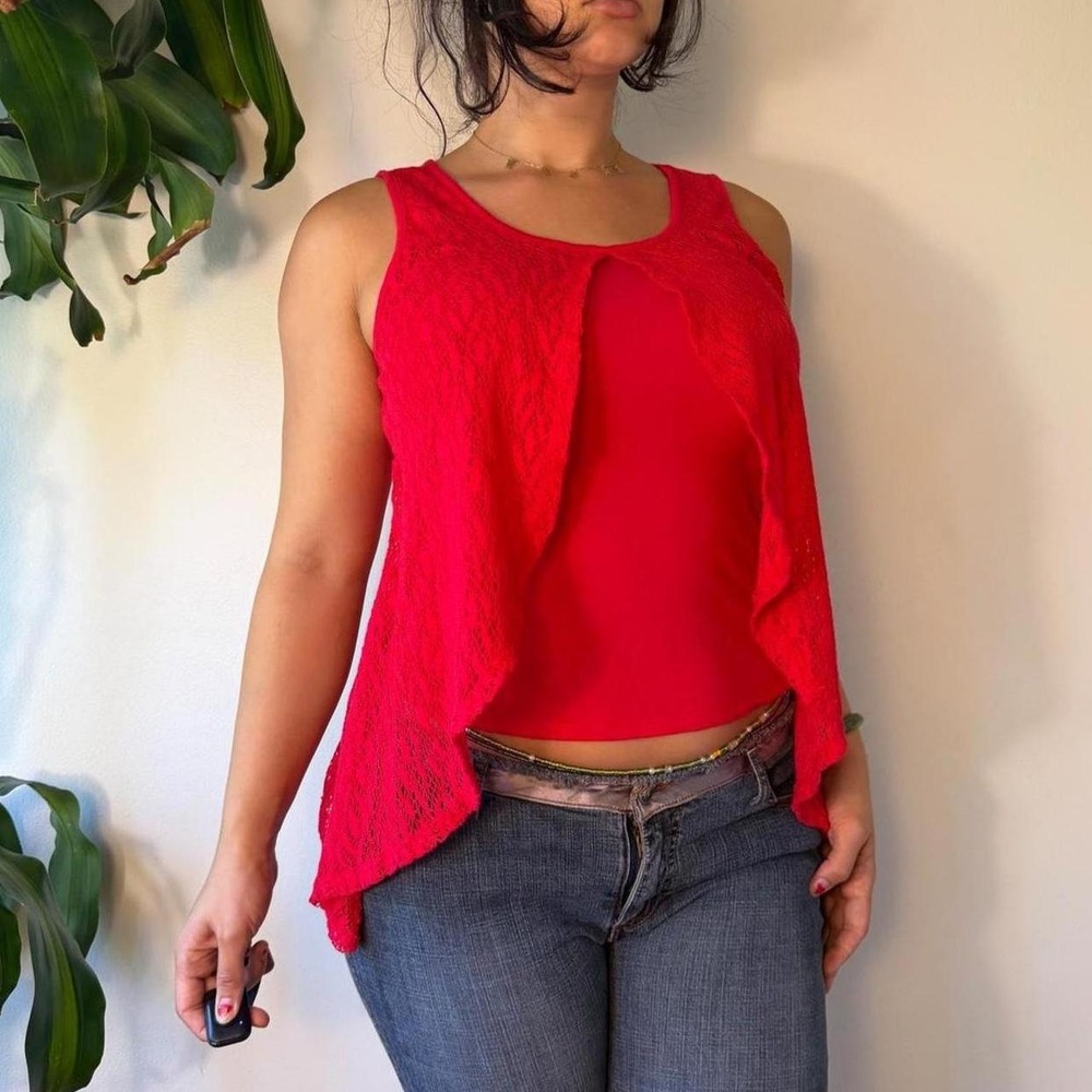 IZ Byer Red Lace Split Front Asymmetrical Blouse Tank Top Y2K Vintage Medium